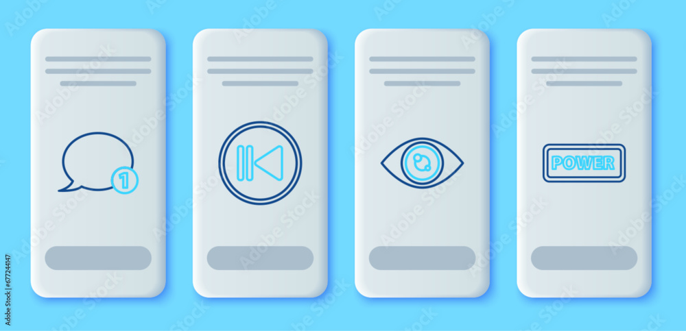Set line Rewind, Eye, Speech bubble chat and Power button icon. Vector