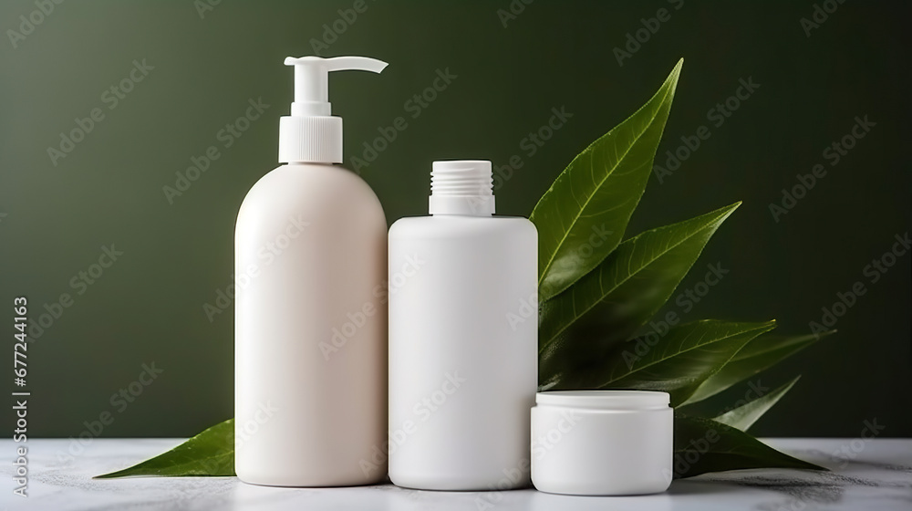 Cosmetic bottle containers with green herbal leaves, Blank label for branding mock-up, Natural beauty product concept. Cosmetic bottle containers with green herbal leaves, Blank label for branding mock-up, Natural beauty product concept.