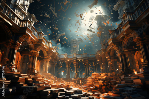 Flying Books in Endless Library: Surreal Fantasy Scene © Udari