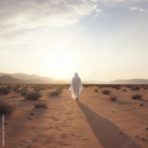 Desert Reverie: A Person in a White Robe Walking Toward the Desert, Elegantly Captured, Influenced by Contemporary Middle Eastern and North African Art, Infused with Eerie Symbolism