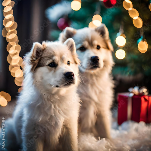 cute siberian dog in christmas event. Ai generative © Surachet