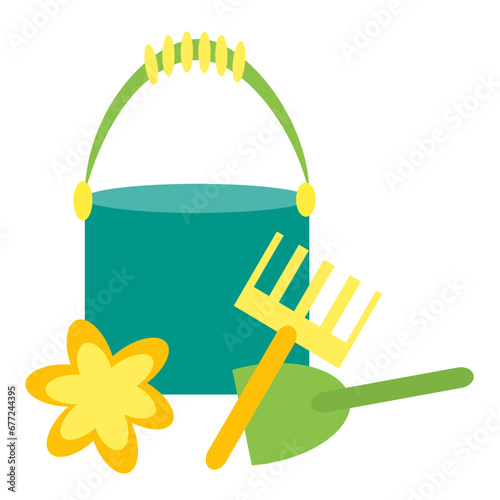 Children's sandbox toys.  Turquoise bucket, green spatula, yellow rake, yellow sand mold.