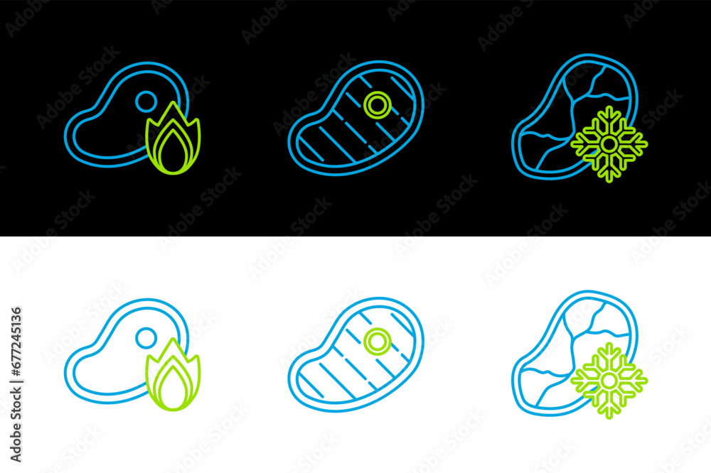 Set line Fresh frozen steak meat, Grilled and fire flame and Steak icon. Vector