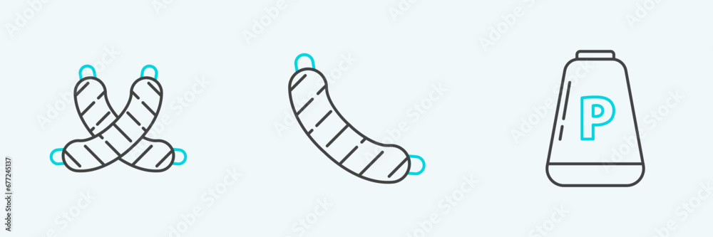 Set line Pepper, Crossed sausage and Sausage icon. Vector Set line Pepper, Crossed sausage and Sausage icon. Vector