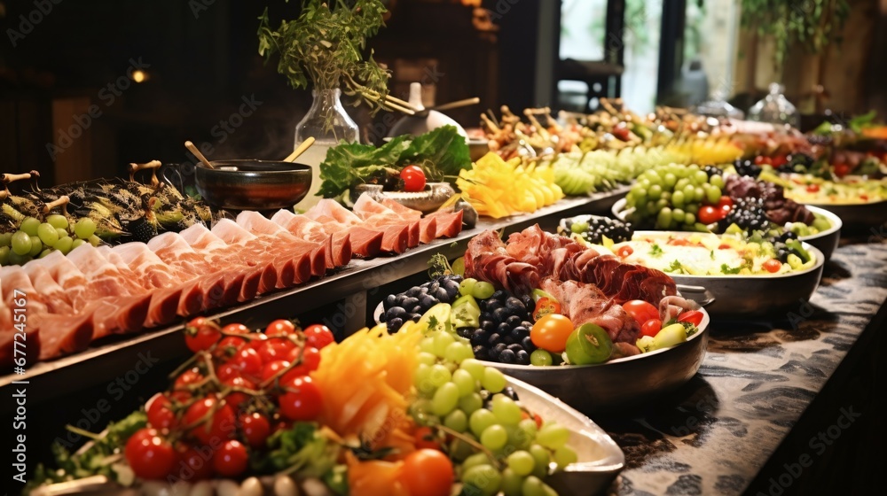 people group catering buffet food indoor in luxury restaurant with meat colorful fruits and vegetables