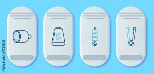 Set line Salt, Grilled shish kebab on skewer stick, Salami sausage and Meat tongs icon. Vector