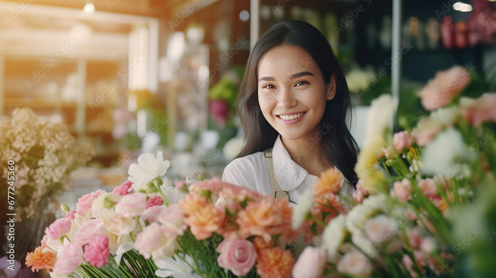 Startup successful SMEs small business entrepreneur owner Caucasian woman standing with flowers at florist shop. Portrait of Caucasian girl successful owner environment friendly concept. Startup successful SMEs small business entrepreneur owner Caucasian woman standing with flowers at florist shop. Portrait of Caucasian girl successful owner environment friendly concept.