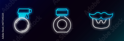 Set line Mustache and beard, Hairdresser pistol spray bottle and Aftershave icon. Glowing neon. Vector