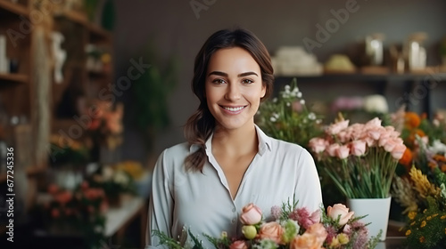 Startup successful SMEs small business entrepreneur owner Caucasian woman standing with flowers at florist shop. Portrait of Caucasian girl successful owner environment friendly concept.
