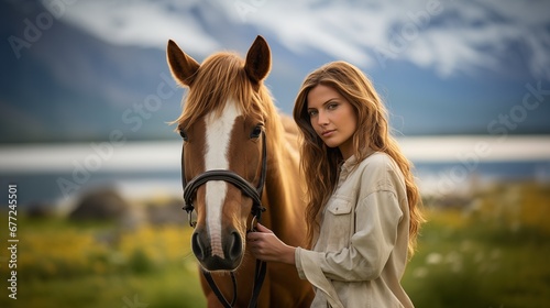 portrait of a beautiful woman and a horse on a blue sky background