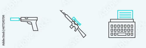 Set line Retro typewriter, Pistol or gun with silencer and Sniper rifle scope icon. Vector