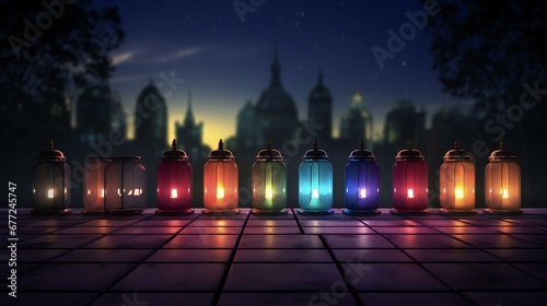 a row of colorful lanterns sitting on top of a table © Amena
