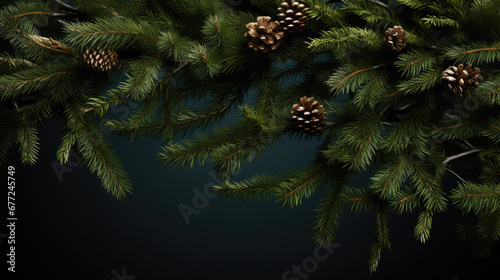 Fir branches with pinecones against a dark and moody background  creating a festive and natural ambiance.