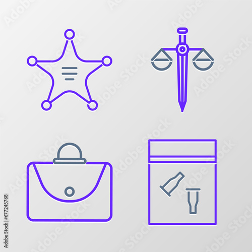 Set line Evidence bag and bullet, Briefcase, Scales of justice and Hexagram sheriff icon. Vector