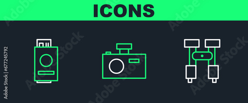 Set line Binoculars, Passport with ticket and Photo camera icon. Vector