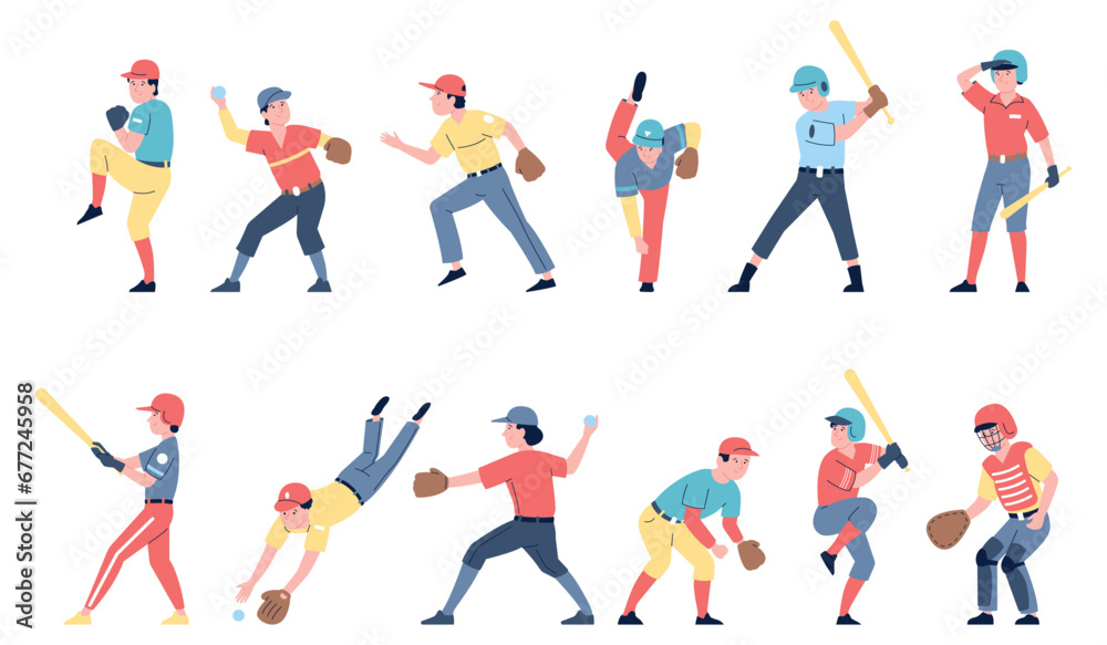 Baseball players flat characters. American sport athletes game. Catcher, pitcher wear gloves and hitting ball with bat. Cartoon recent vector set