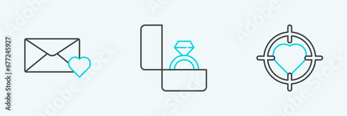 Set line Heart in the center of target aim, Envelope with 8 March and Diamond engagement ring icon. Vector