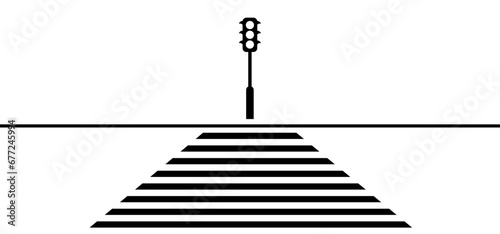 Traffic light, city street with zebra lines road marking and stoplight. Crosswalk icon. Pedestrian crossing sign. Zebra icon. Pathway strips or planes. Crosswalk stripes on car road and traffic signal