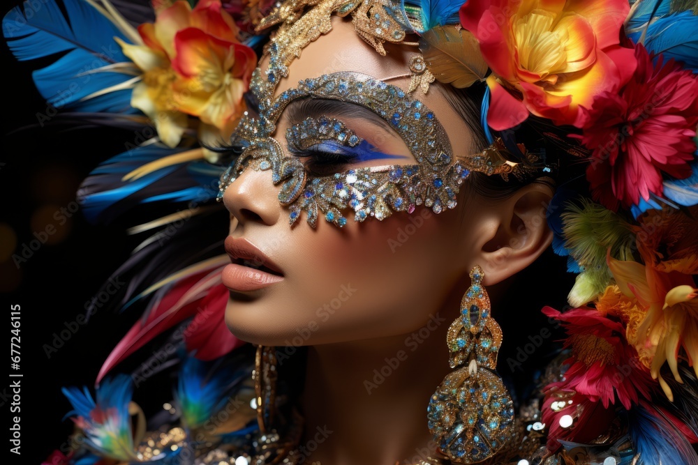 Close-up of beautiful Hispanic woman wearing carnival mask and headdress made of feathers and flowers. Glamorous dancer. Pretty girl with bright stage makeup. Beauty and fashion. Black background.