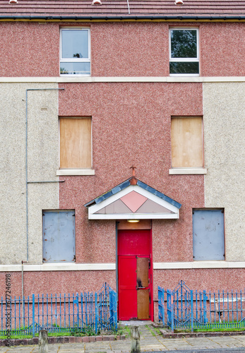 Derelict council flats in poor housing estate in Glasgow photo