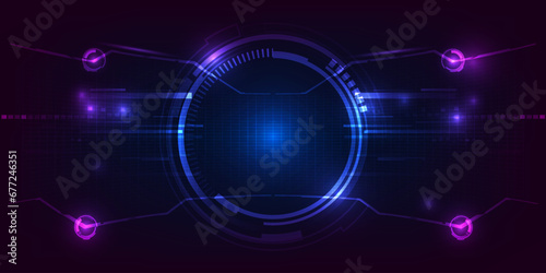 Vector illustration of futuristic digital technology background with circle tech head up display,grid field and circuits network curve panel for advertising and game graphic 