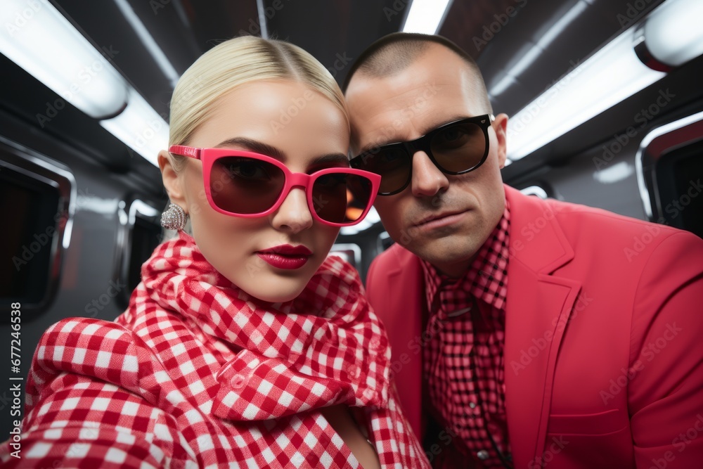 Portrait of glamorous Caucasian couple in bright suits and stylish sunglasses sitting in posing in luxury limo. Handsome brutal young man and charming girl, gilded youth, jet set. Beauty and fashion.