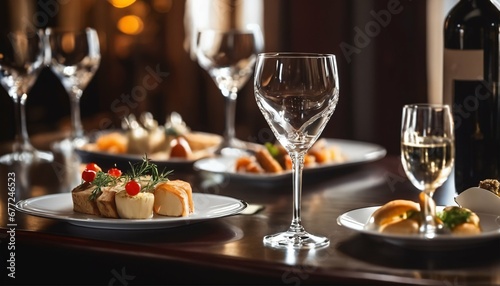 Wedding dinner service featuring an elegant restaurant table with wine glass and appetizers in a soft light and romantic atmosphere