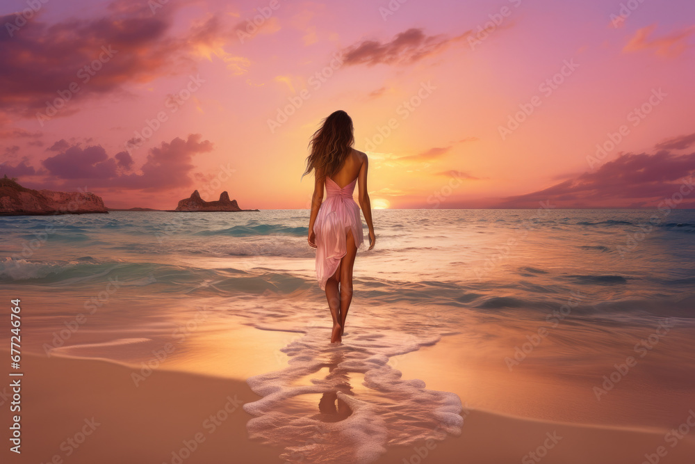 Young Woman Walking on the Beach at Sunset, Captured in the Style of Large Canvas Sizes, Radiating Youthful Energy with Influences from Celebrity Photography, Airbrushing for a Flawless Finish, Tinged