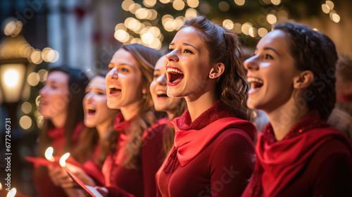 A group of joyful people singing Christmas songs , dressed in festive attire with Santa hats and red scarves, surrounded by the glow of warm lights.