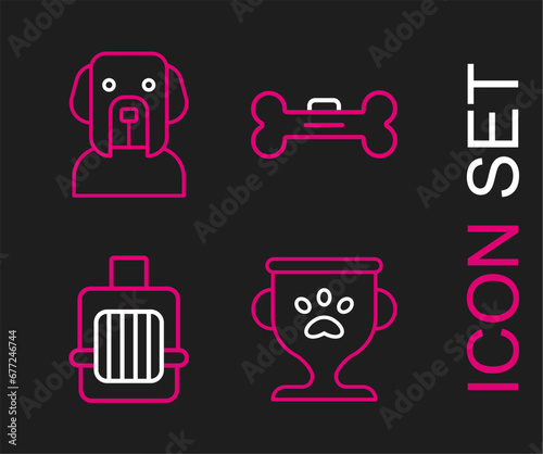 Set line Pet award, carry case, Dog bone and icon. Vector