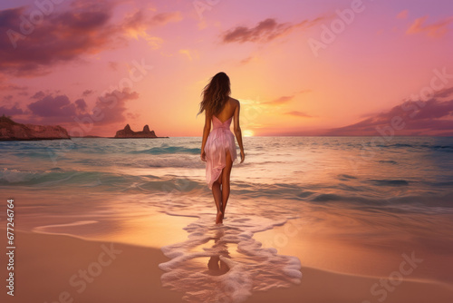 Young Woman Walking on the Beach at Sunset, Captured in the Style of Large Canvas Sizes, Radiating Youthful Energy with Influences from Celebrity Photography, Airbrushing for a Flawless Finish, Tinged © Infinite Shoreline