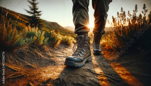 Active hiker on mountain trail: close-up of leather boots in motion, foot raised and planted on rocky path photo