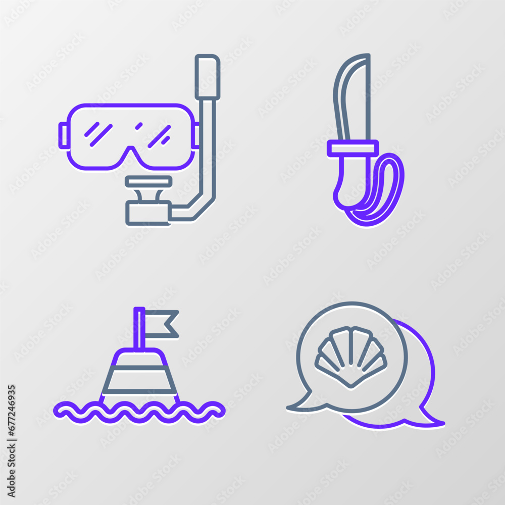 Set line Scallop sea shell, Floating buoy on the, Knife and Diving mask and snorkel icon. Vector Set line Scallop sea shell, Floating buoy on the, Knife and Diving mask and snorkel icon. Vector