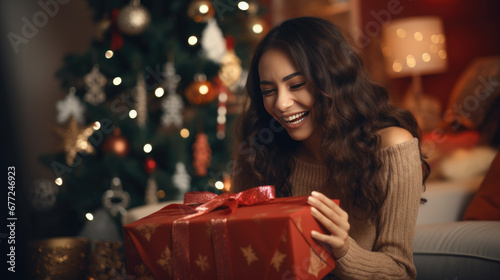 Joyous woman smiling while holding a Christmas gift, with a festive tree adorned with lights and decorations in the background