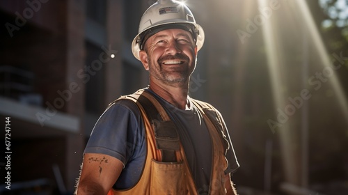 Successful male architect at building site looking at camera. Confident construction manager wearing blue helmet and yellow safety vest with copy space. Portrait of successful mature civil engineer. photo