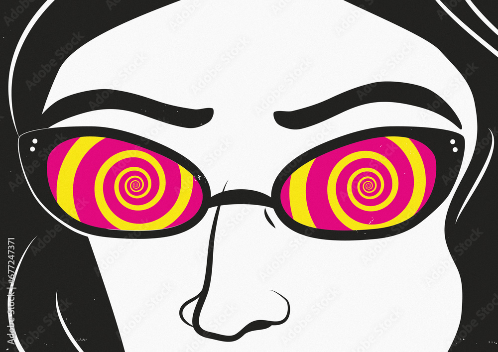 Lentes psicodélicos de mujer con espiral de colores amarillo y fuxia - obrazy, fototapety, plakaty 