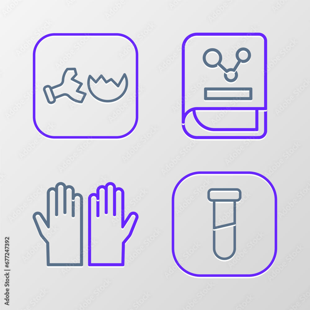 Set line Test tube and flask, Medical rubber gloves, Chemistry book and Broken icon. Vector Set line Test tube and flask, Medical rubber gloves, Chemistry book and Broken icon. Vector