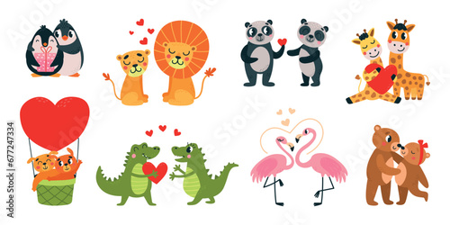 Cute animal couples romantic characters. Animals in love, hugging and hold hands. Funny cartoon bear and leo, valentine day classy vector clipart © LadadikArt