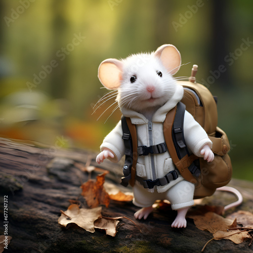 Little white mouse carrying backpack ready for adventure