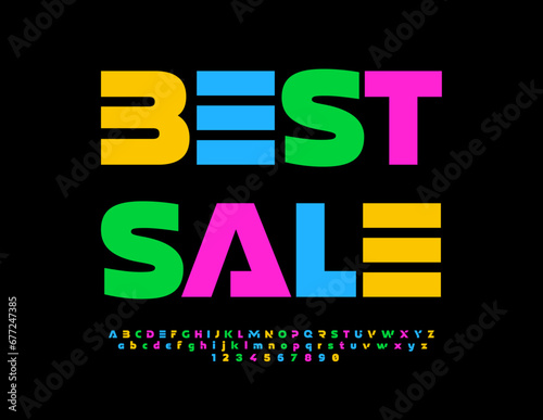 Vector business banner Best Sale. Unique colorful Font. Set of abstract style Alphabet Letters and Numbers