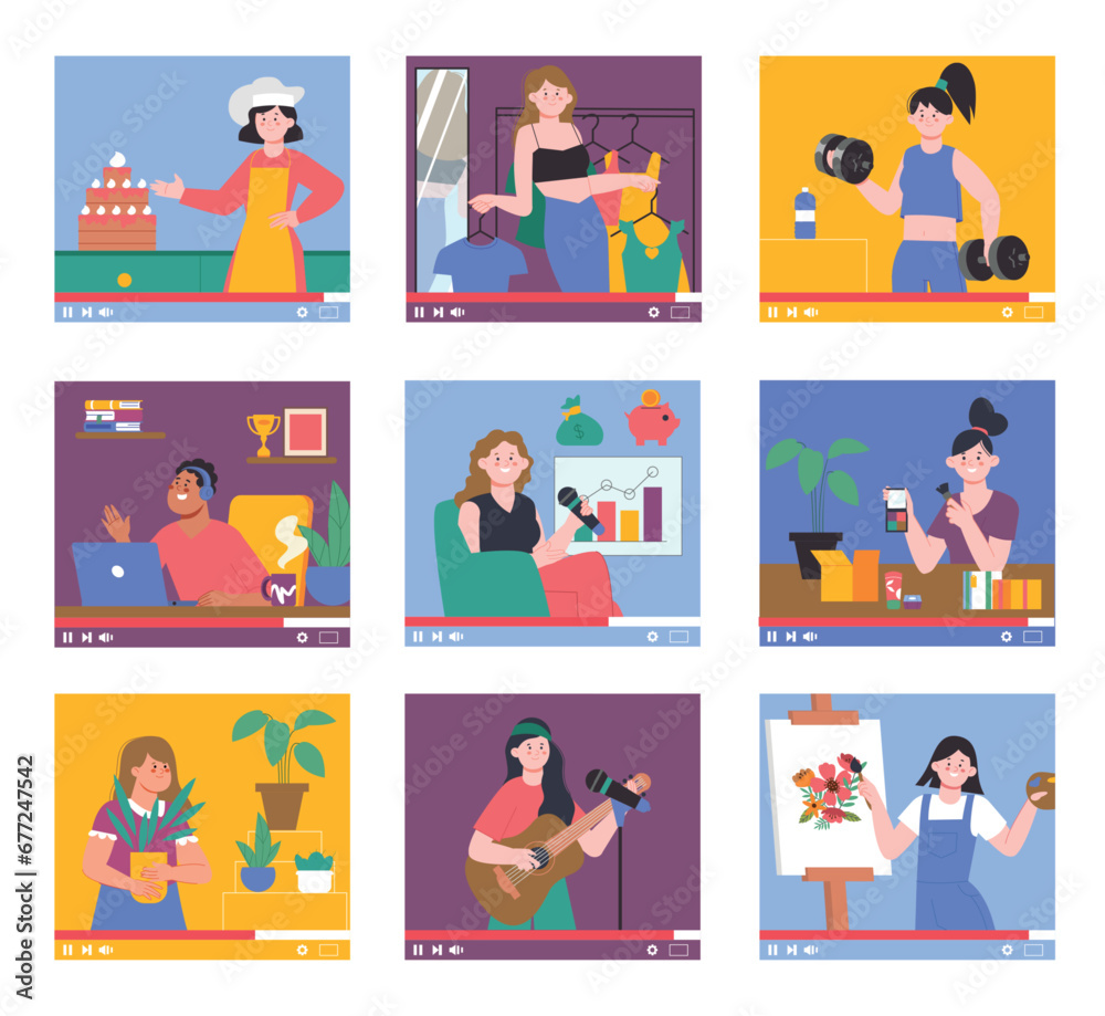 Teens online streaming. Young bloggers on video screen doing live stream. People drawing, cooking, training and choose clothes splendid vector set Teens online streaming. Young bloggers on video screen doing live stream. People drawing, cooking, training and choose clothes splendid vector set