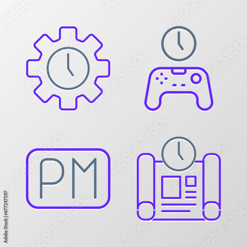 Set line Project time plan, Day, Gamepad of and Time Management icon. Vector