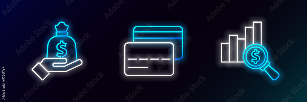 Set line Pie chart and dollar, Hand holding money bag and Credit card icon. Glowing neon. Vector Set line Pie chart and dollar, Hand holding money bag and Credit card icon. Glowing neon. Vector