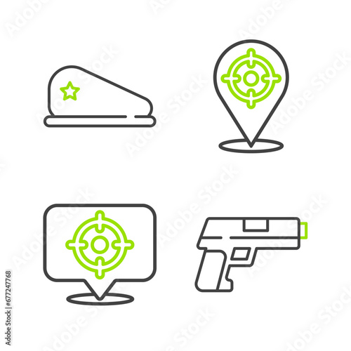 Set line Pistol or gun, Target sport, and Military beret icon. Vector