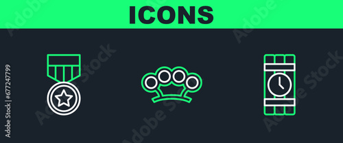 Set line Dynamite and timer clock, Military reward medal and Brass knuckles icon. Vector