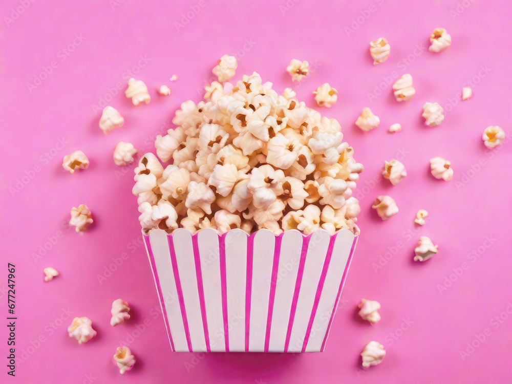 Striped paper package full of popcorn on a pastel pink background, cute illustration. Advertising image, watching movies, cinema, delicious snack.