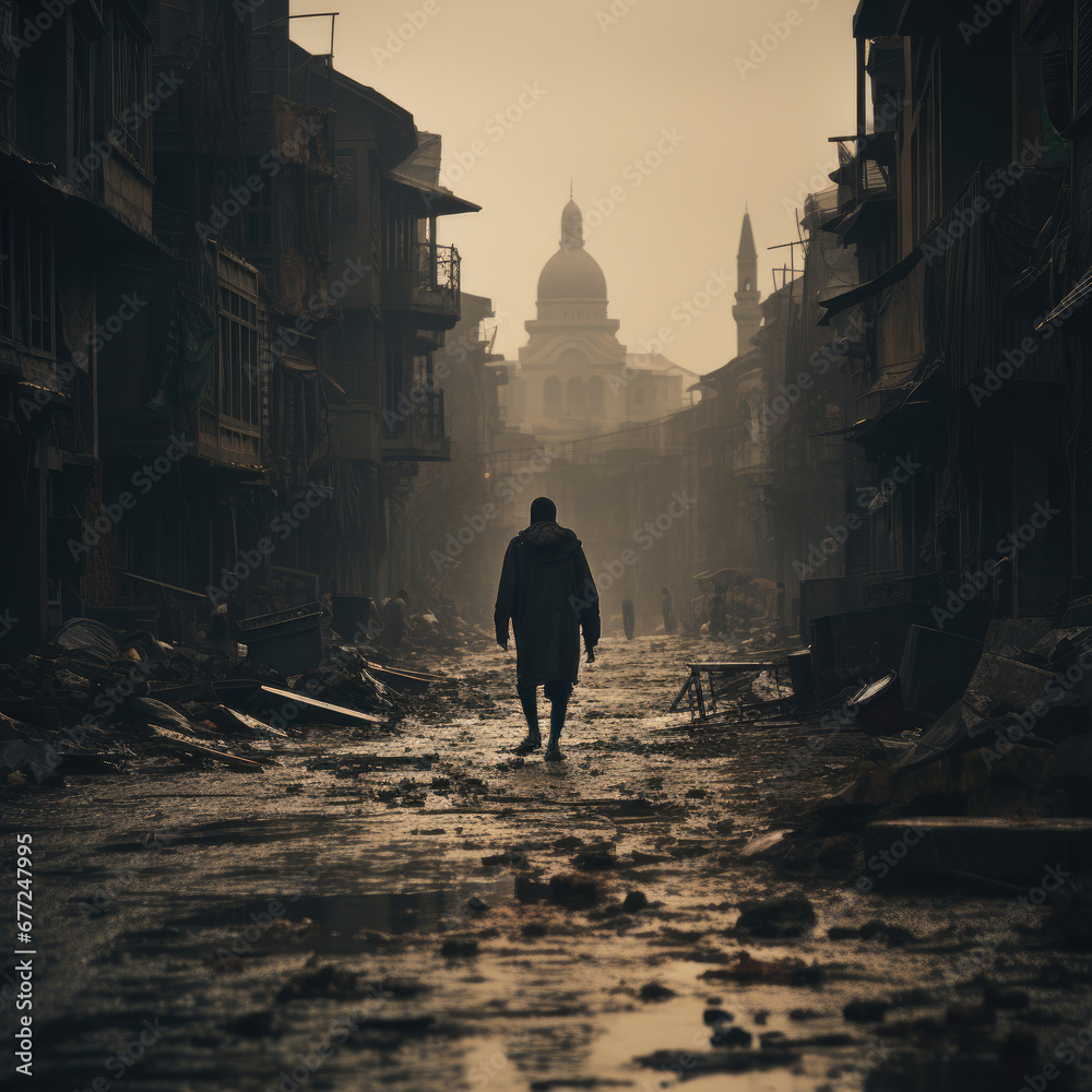 Strolling Down the Street in the Style of Atmospheric Portraits, War Photography, Dystopian Landscapes,  Painted in Dark Beige Tones