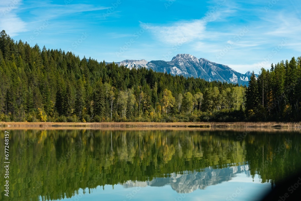 Trees and rocky mountains reflecting on the surface of a tranquil lake