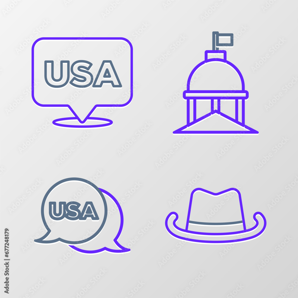 Set line Western cowboy hat, USA Independence day, White House and icon. Vector Set line Western cowboy hat, USA Independence day, White House and icon. Vector