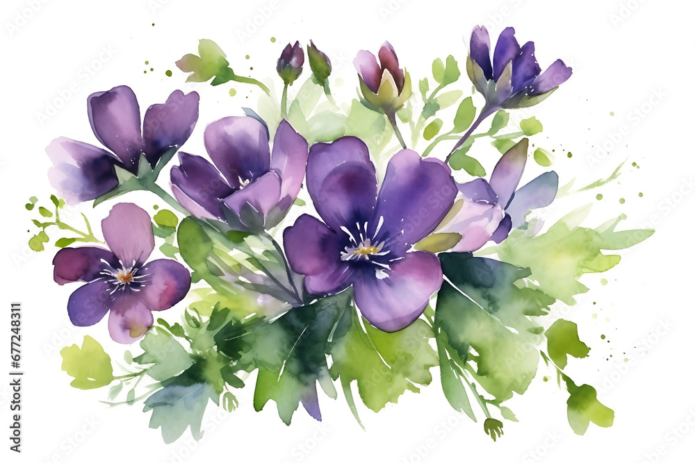 Watercolor violet bouquet, isolated on white background